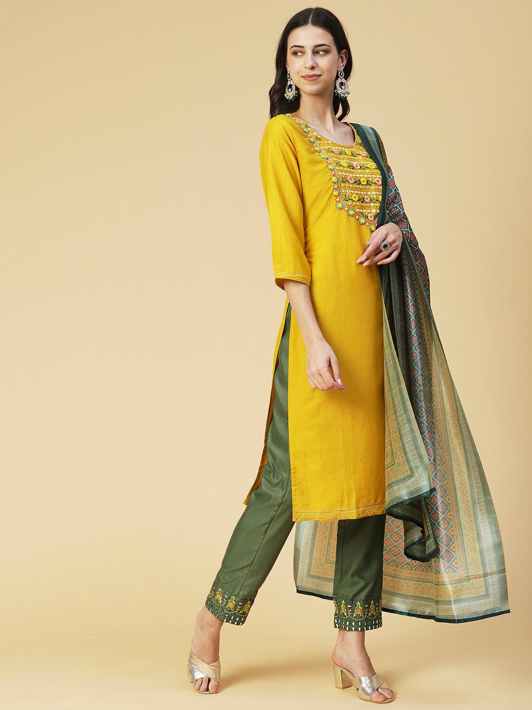 Solid Mirror Embroidered Kurta with Pants & printed Dupatta - Yellow - Indiakreations