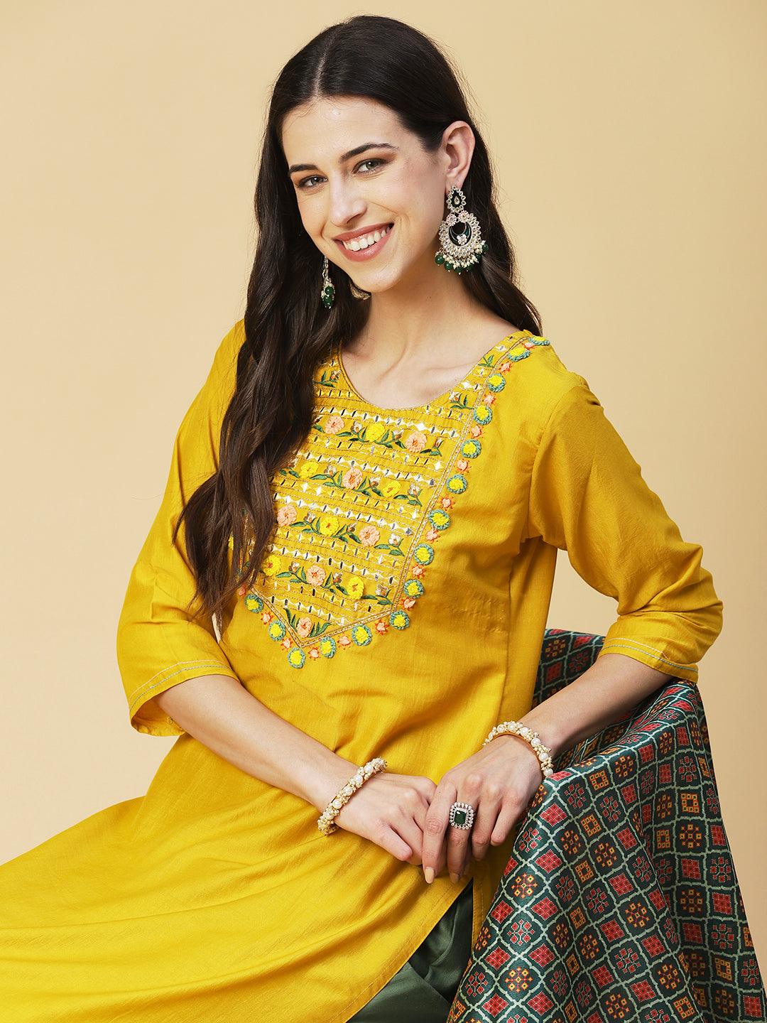 Solid Mirror Embroidered Kurta with Pants & printed Dupatta - Yellow - Indiakreations