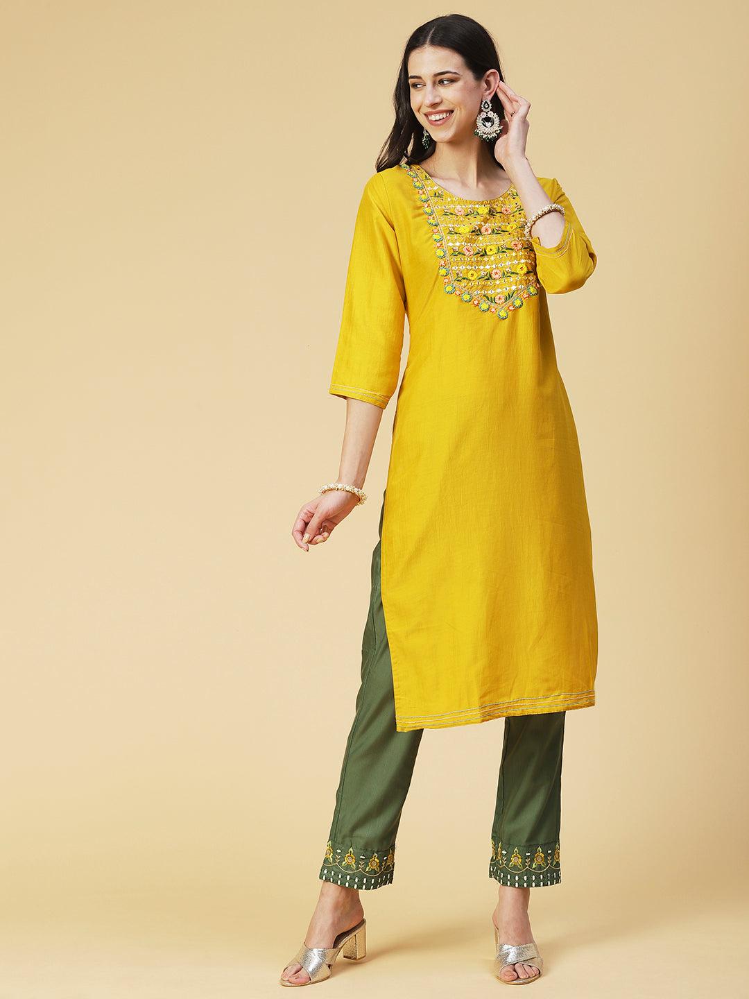 Solid Mirror Embroidered Kurta with Pants & printed Dupatta - Yellow - Indiakreations