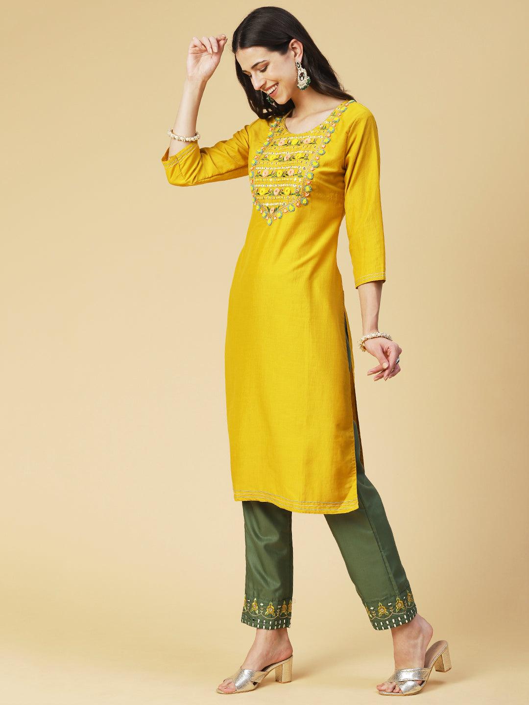 Solid Mirror Embroidered Kurta with Pants & printed Dupatta - Yellow - Indiakreations