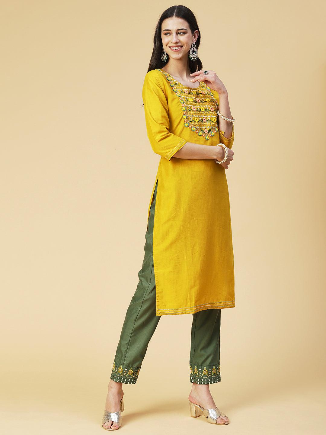 Solid Mirror Embroidered Kurta with Pants & printed Dupatta - Yellow - Indiakreations