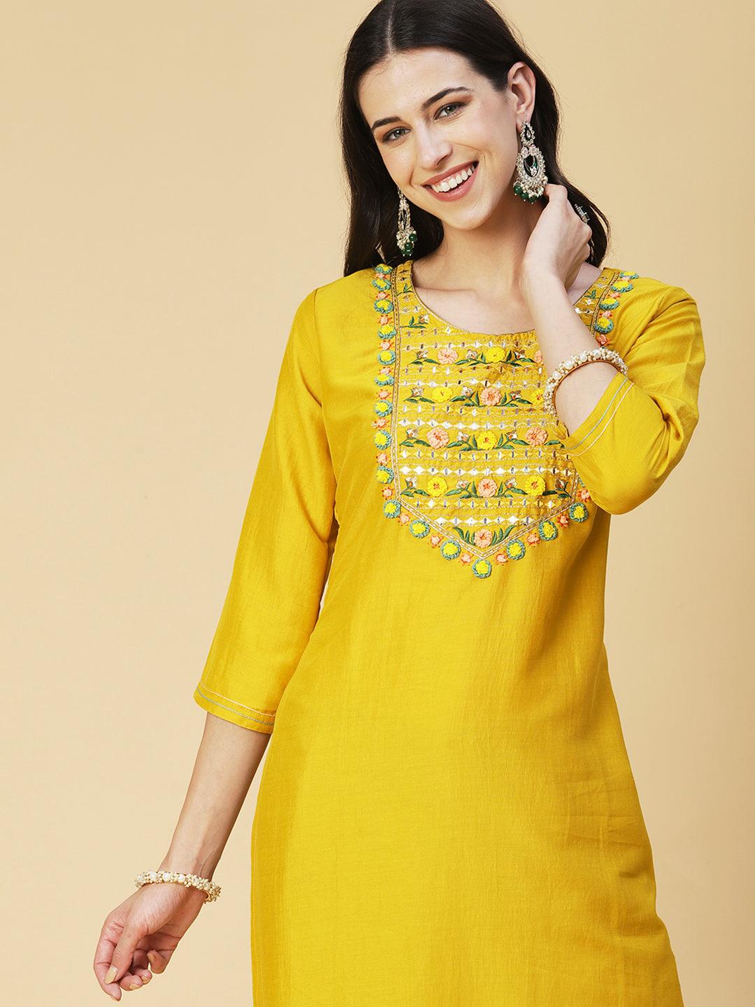 Solid Mirror Embroidered Kurta with Pants & printed Dupatta - Yellow - Indiakreations