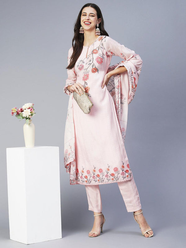 Floral Printed Hand Embroidered Kurta With Pants & Dupatta - Rose Pink - Indiakreations