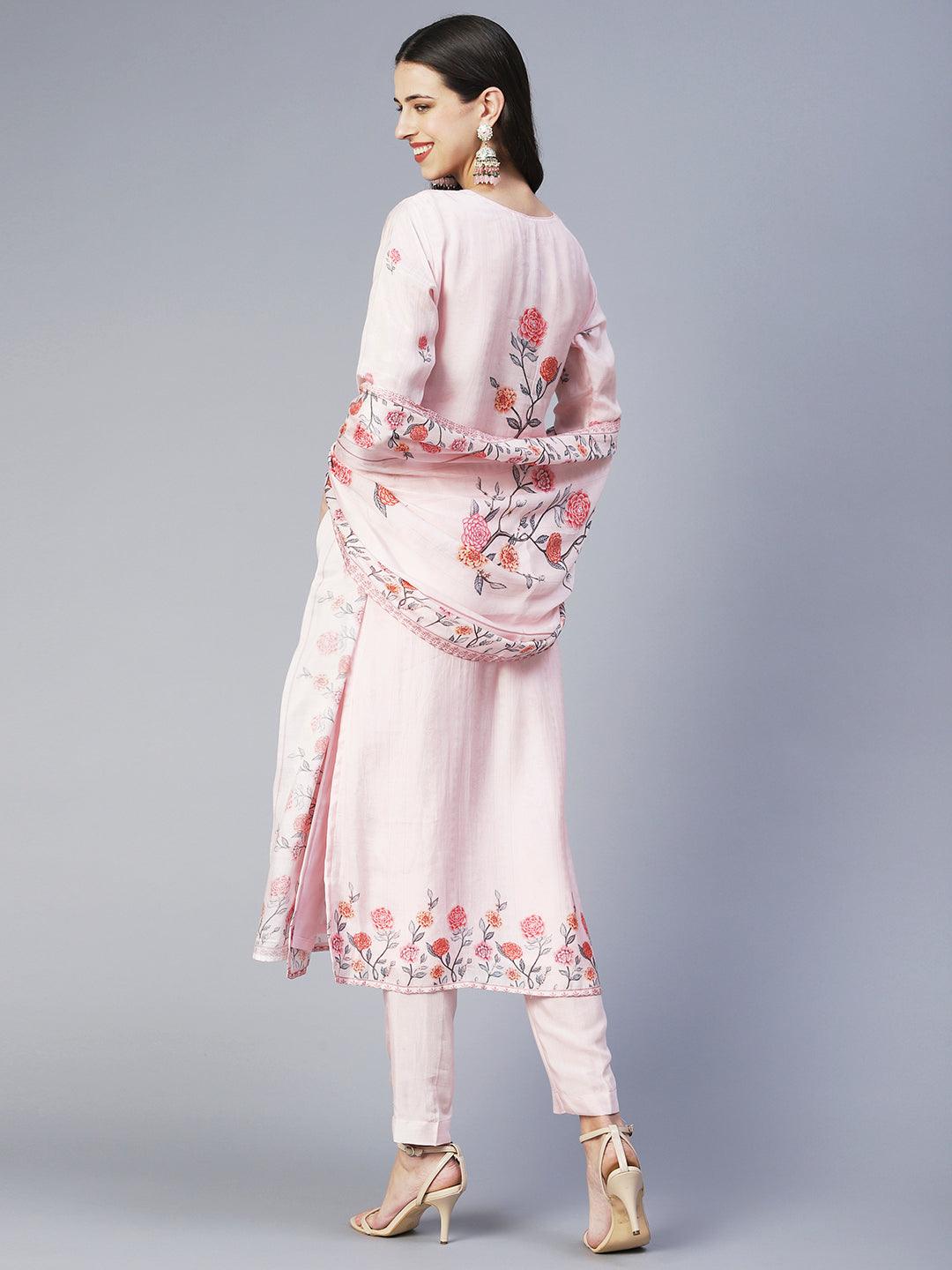 Floral Printed Hand Embroidered Kurta With Pants & Dupatta - Rose Pink - Indiakreations