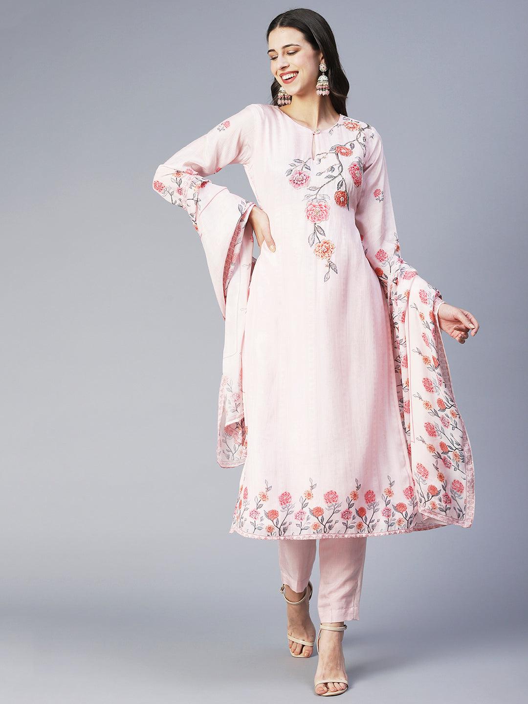 Floral Printed Hand Embroidered Kurta With Pants & Dupatta - Rose Pink - Indiakreations