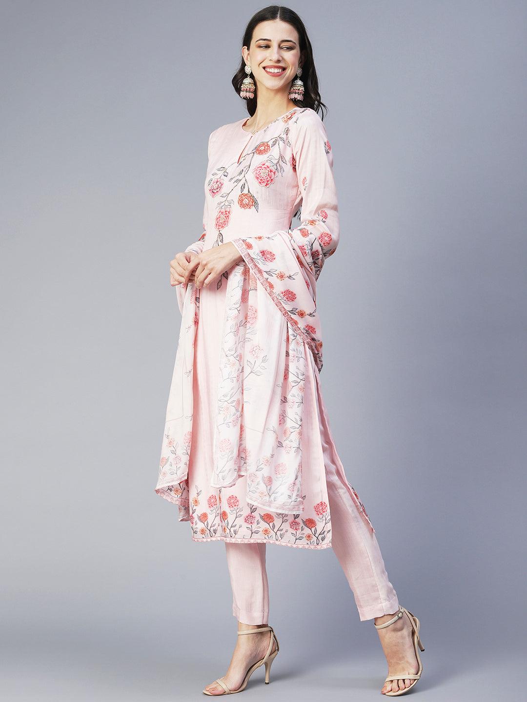 Floral Printed Hand Embroidered Kurta With Pants & Dupatta - Rose Pink - Indiakreations