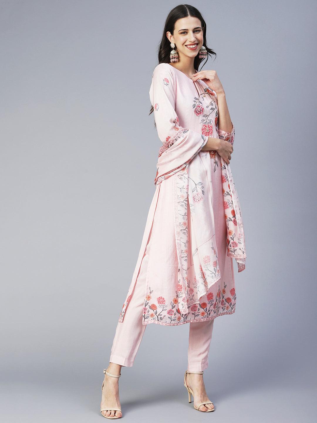 Floral Printed Hand Embroidered Kurta With Pants & Dupatta - Rose Pink - Indiakreations