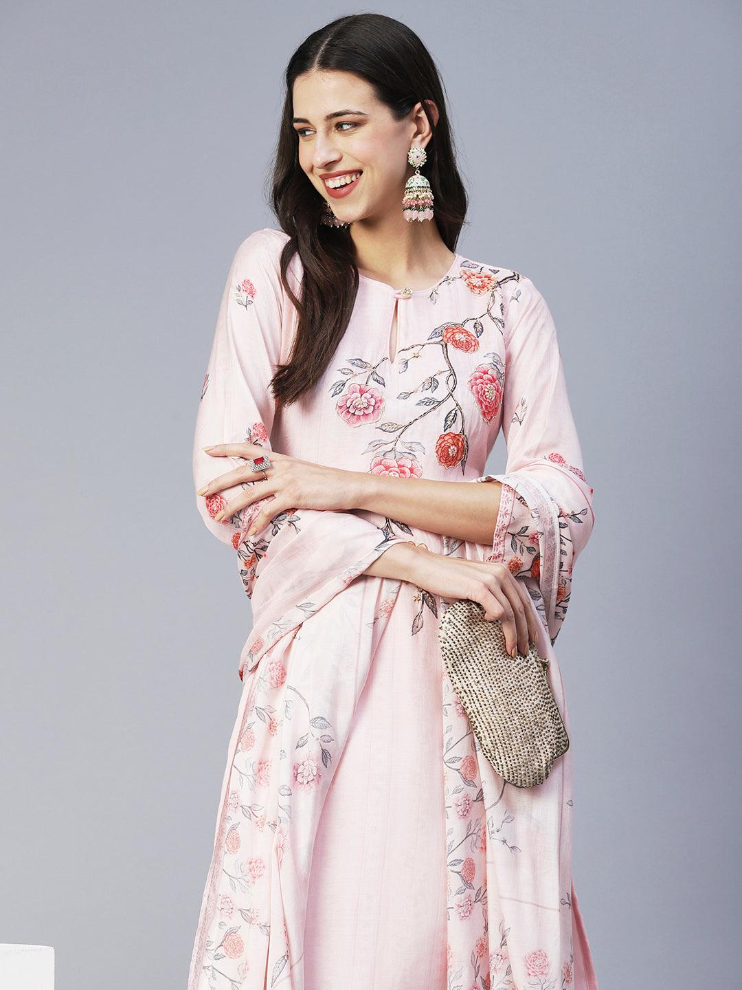 Floral Printed Hand Embroidered Kurta With Pants & Dupatta - Rose Pink - Indiakreations