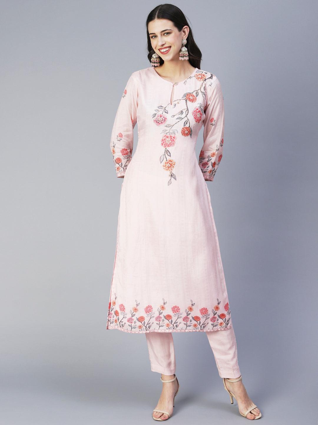 Floral Printed Hand Embroidered Kurta With Pants & Dupatta - Rose Pink - Indiakreations