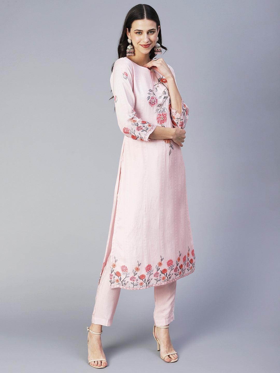 Floral Printed Hand Embroidered Kurta With Pants & Dupatta - Rose Pink - Indiakreations