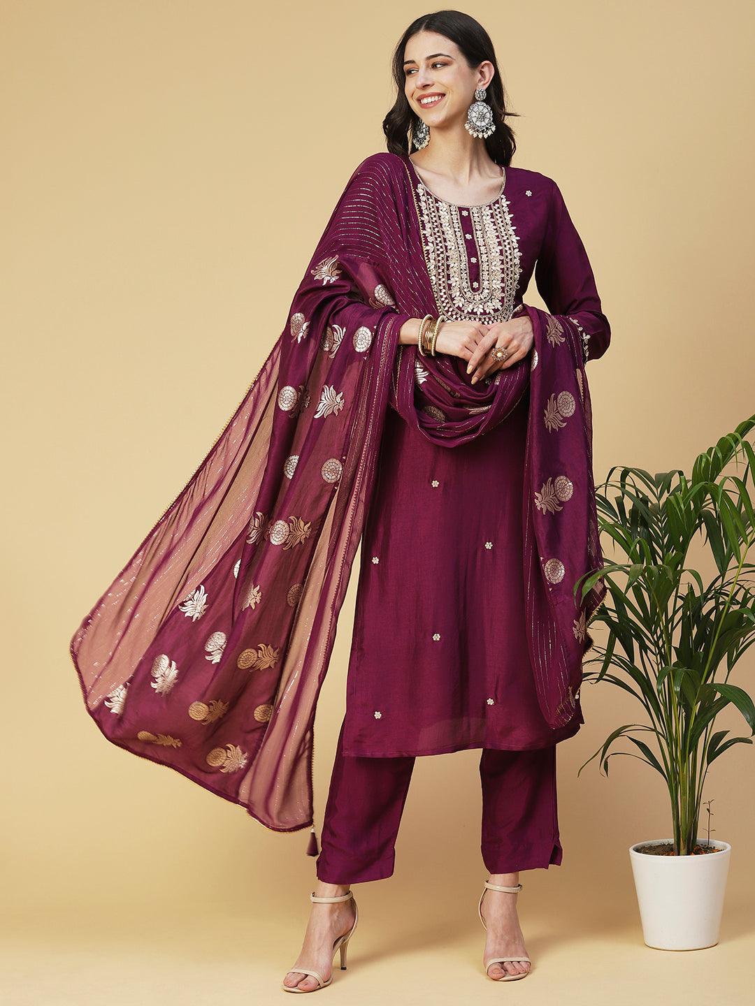 Solid Gotapatti Embroidered Kurta With Pants & Jacquard Dupatta - Burgundy - Indiakreations