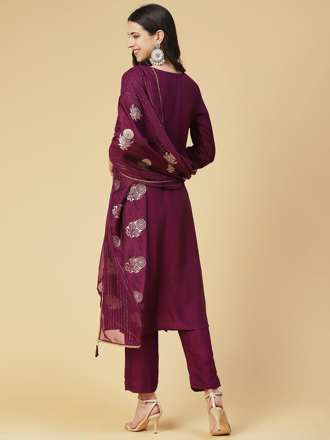 Solid Gotapatti Embroidered Kurta With Pants & Jacquard Dupatta - Burgundy - Indiakreations