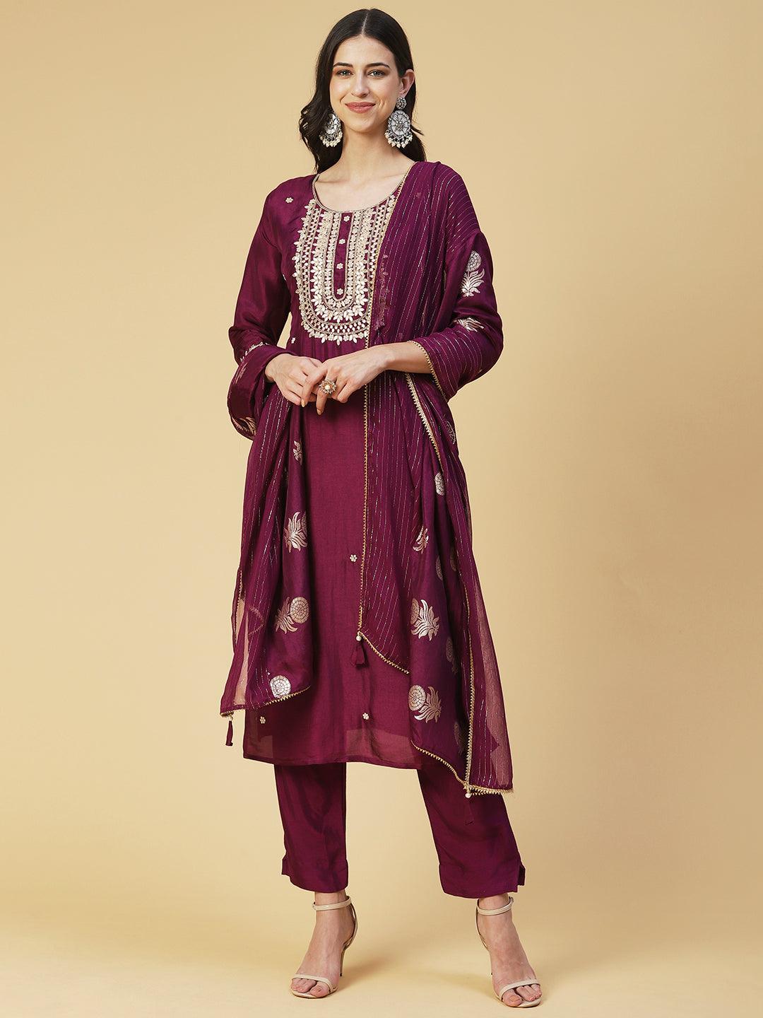 Solid Gotapatti Embroidered Kurta With Pants & Jacquard Dupatta - Burgundy - Indiakreations