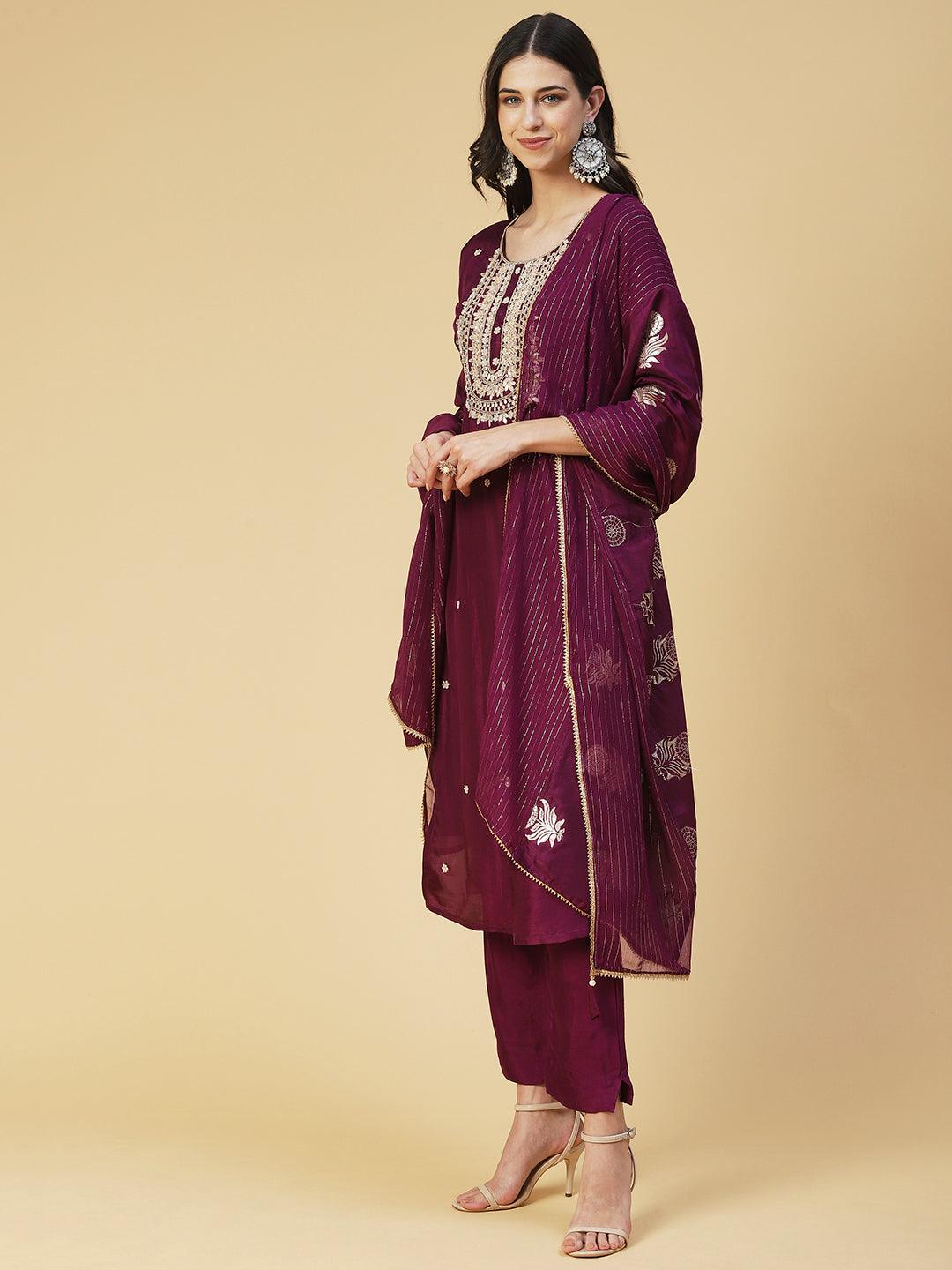 Solid Gotapatti Embroidered Kurta With Pants & Jacquard Dupatta - Burgundy - Indiakreations