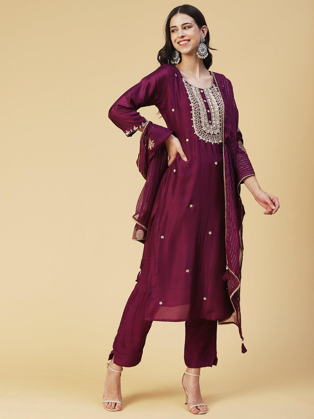 Solid Gotapatti Embroidered Kurta With Pants & Jacquard Dupatta - Burgundy - Indiakreations