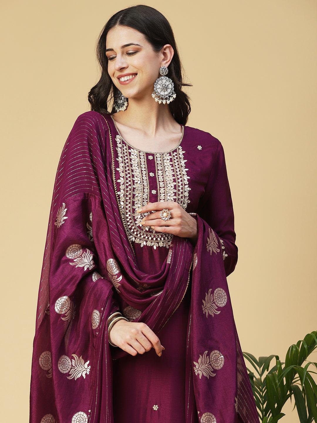 Solid Gotapatti Embroidered Kurta With Pants & Jacquard Dupatta - Burgundy - Indiakreations