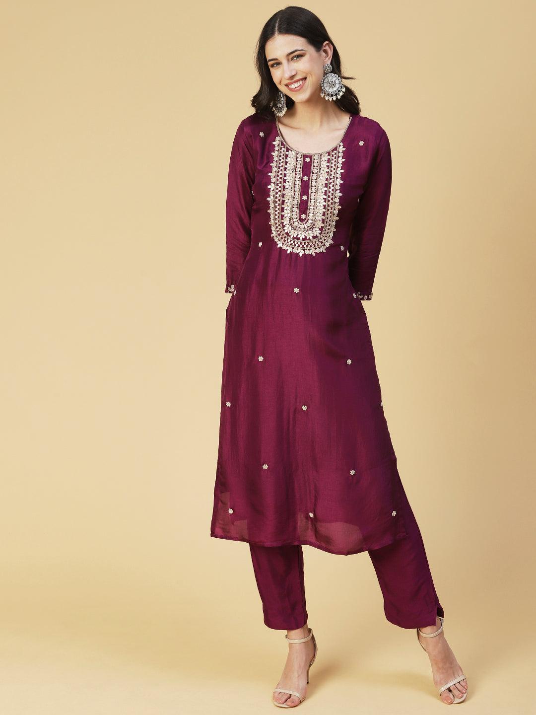 Solid Gotapatti Embroidered Kurta With Pants & Jacquard Dupatta - Burgundy - Indiakreations