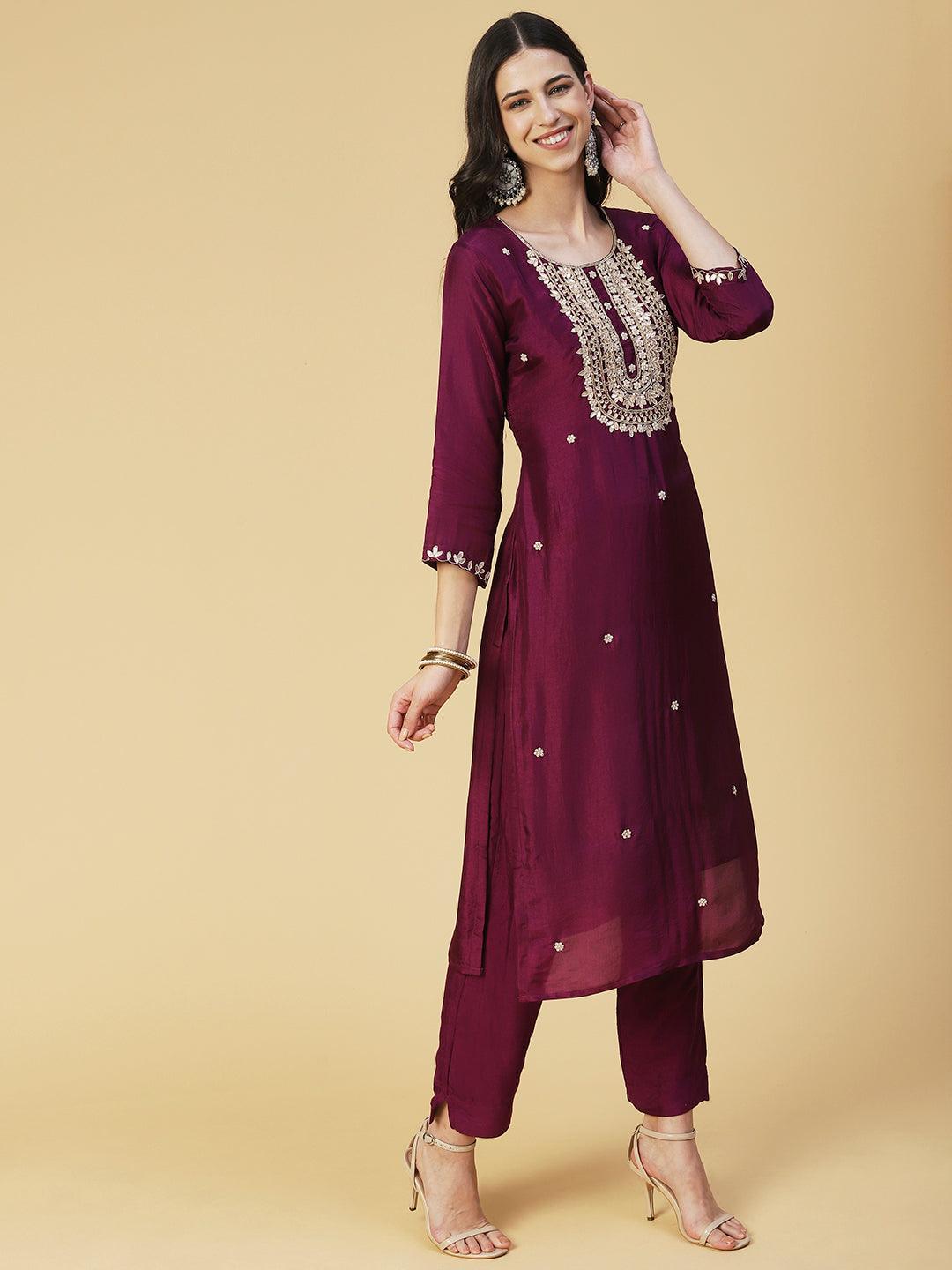 Solid Gotapatti Embroidered Kurta With Pants & Jacquard Dupatta - Burgundy - Indiakreations