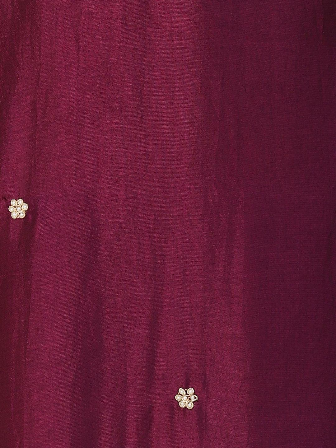 Solid Gotapatti Embroidered Kurta With Pants & Jacquard Dupatta - Burgundy - Indiakreations