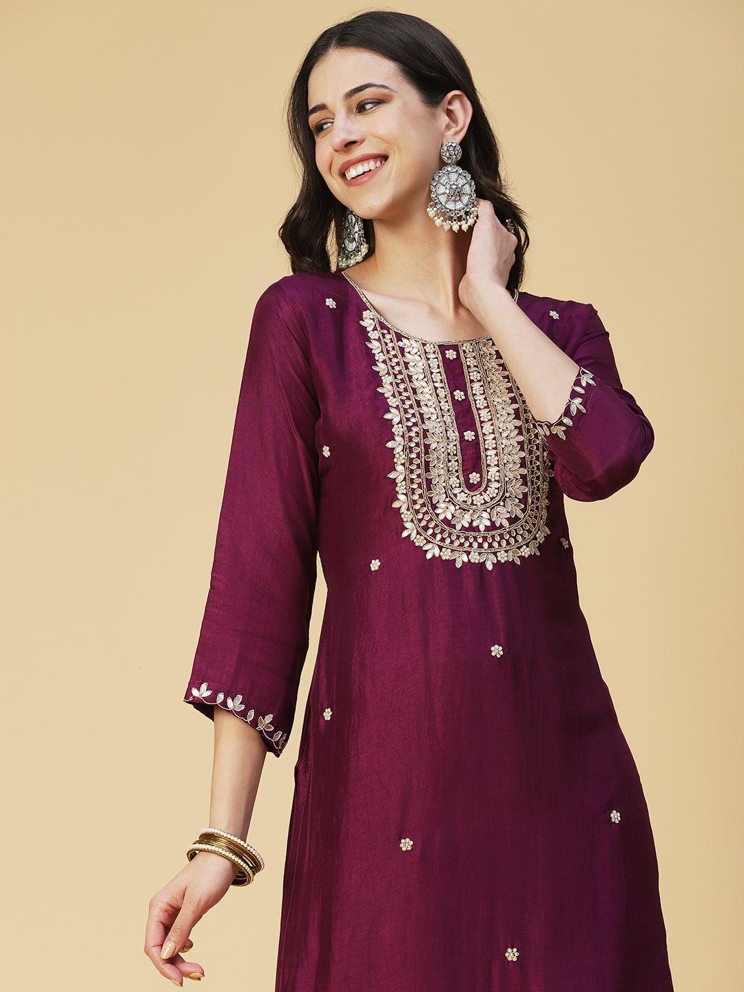 Solid Gotapatti Embroidered Kurta With Pants & Jacquard Dupatta - Burgundy - Indiakreations