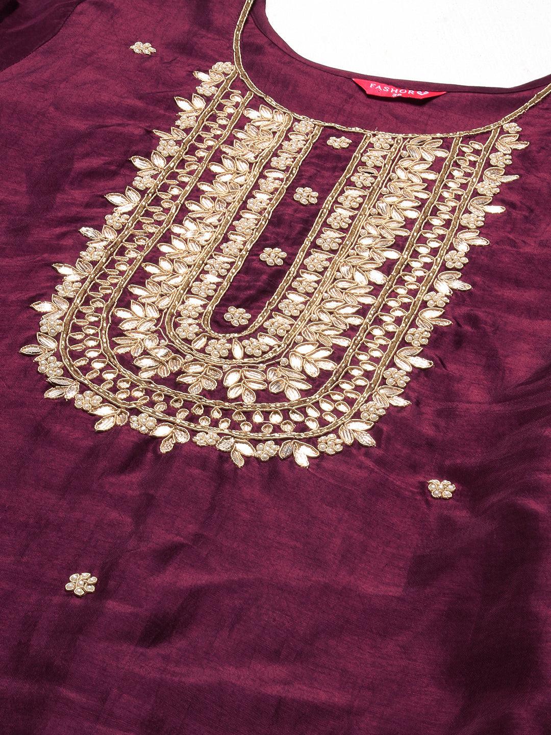 Solid Gotapatti Embroidered Kurta With Pants & Jacquard Dupatta - Burgundy - Indiakreations