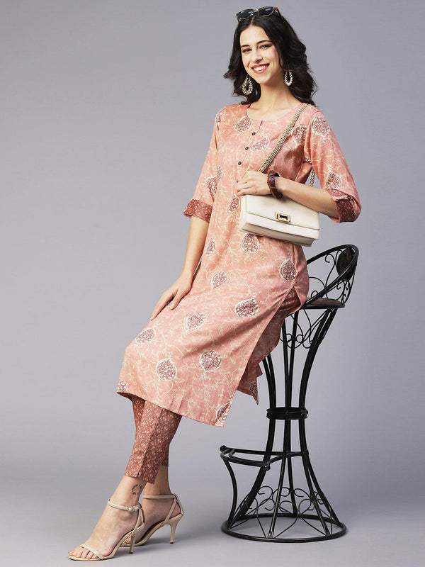 Ethnic Printed Straight Fit Kurta with Pant - Rose Gold - Indiakreations