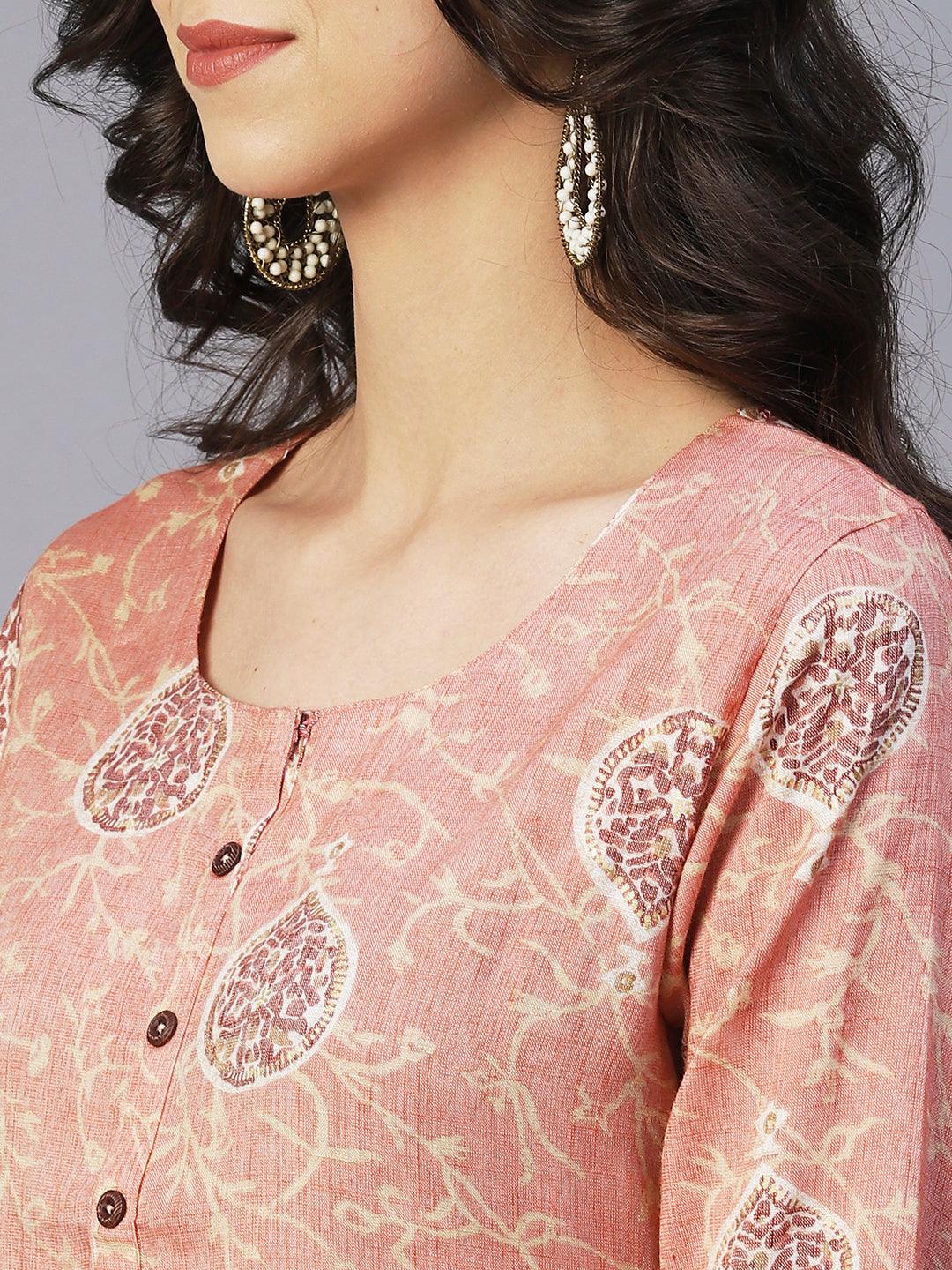 Ethnic Printed Straight Fit Kurta with Pant - Rose Gold - Indiakreations