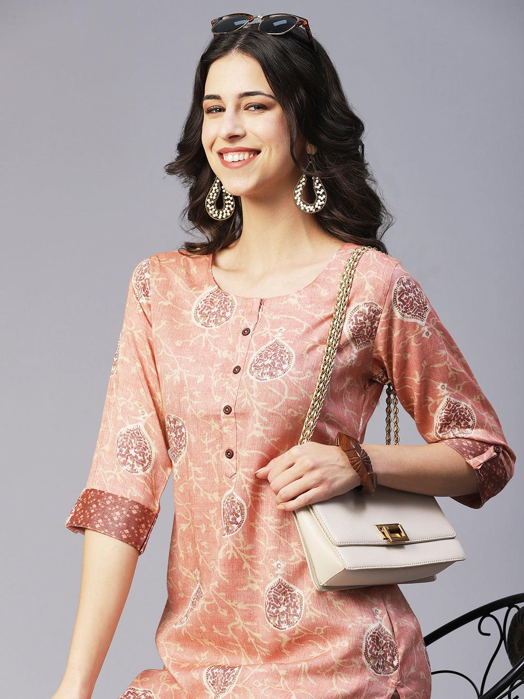 Ethnic Printed Straight Fit Kurta with Pant - Rose Gold - Indiakreations