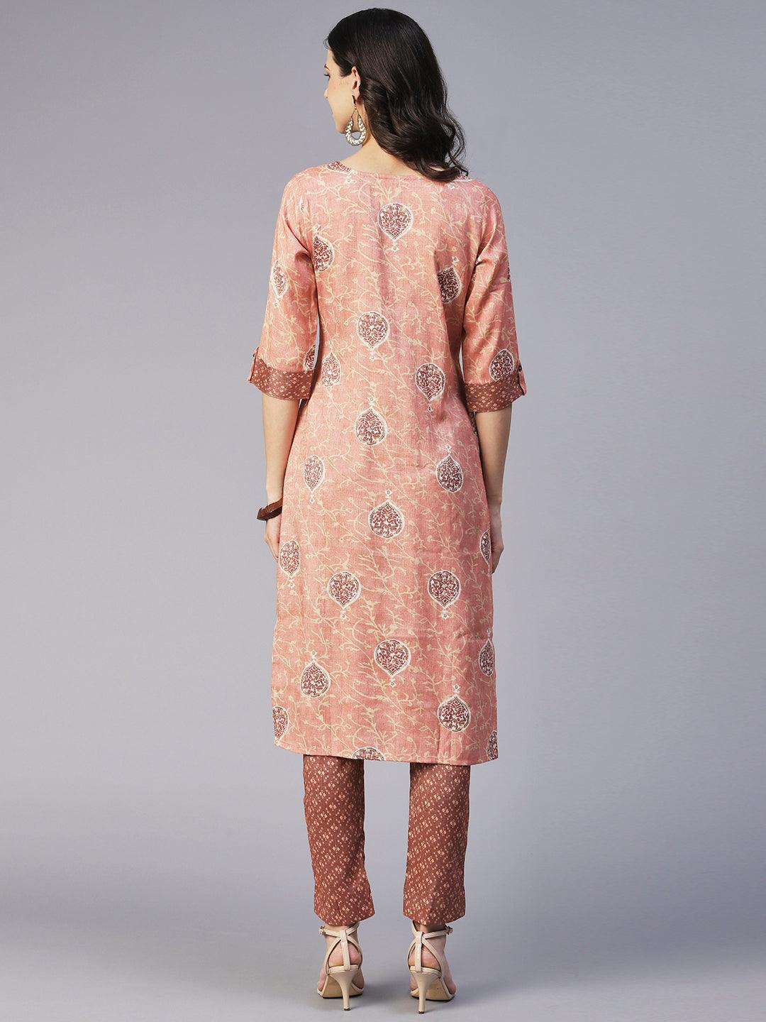 Ethnic Printed Straight Fit Kurta with Pant - Rose Gold - Indiakreations