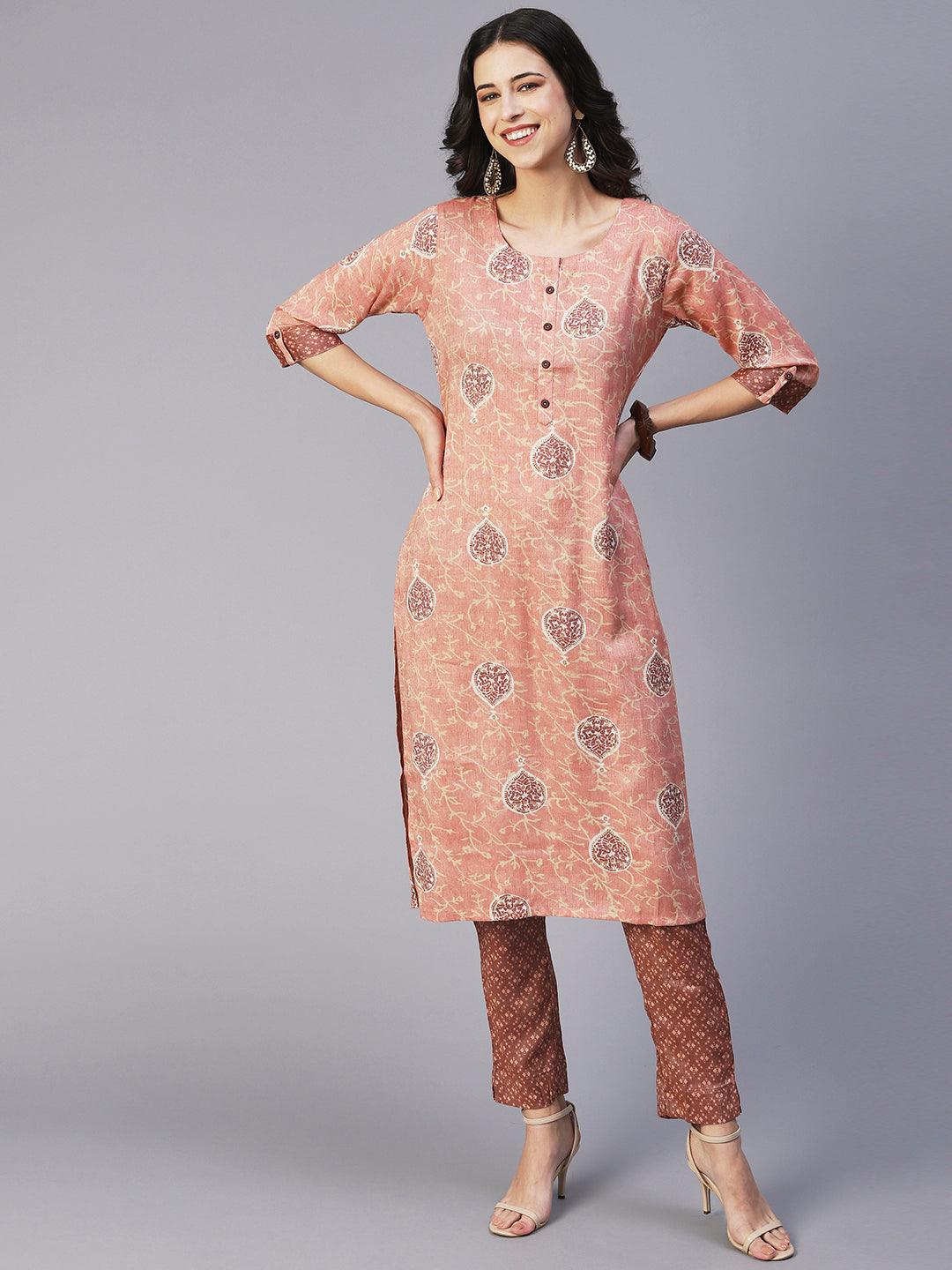 Ethnic Printed Straight Fit Kurta with Pant - Rose Gold - Indiakreations