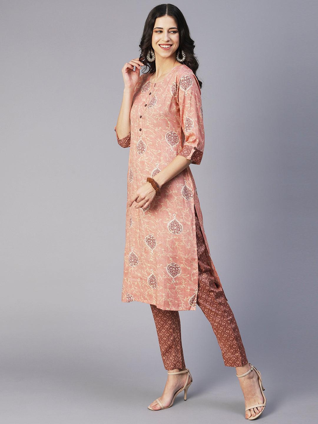 Ethnic Printed Straight Fit Kurta with Pant - Rose Gold - Indiakreations