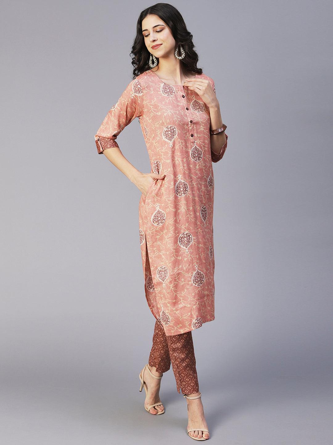 Ethnic Printed Straight Fit Kurta with Pant - Rose Gold - Indiakreations