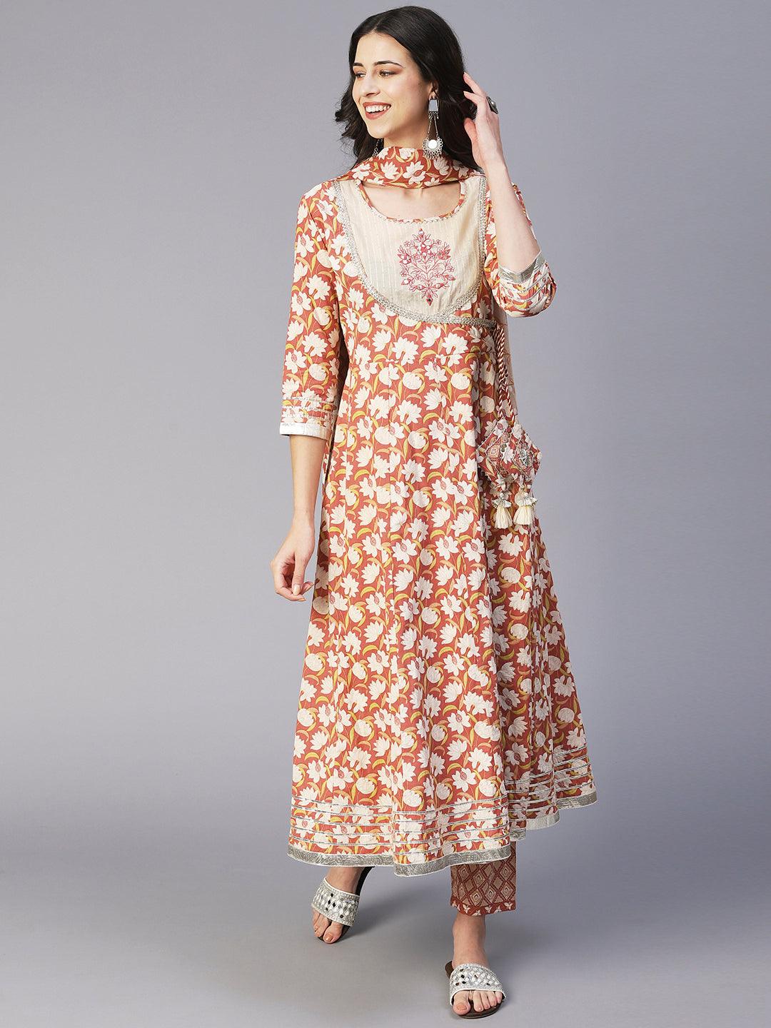 Floral Printed & Embroidered Anarkali with Pant & Dupatta - Brown - Indiakreations