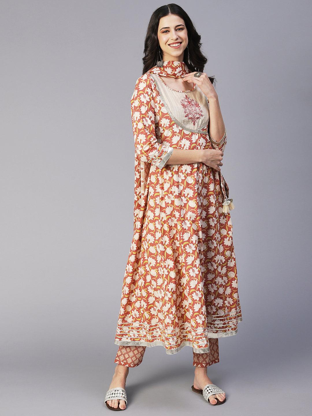 Floral Printed & Embroidered Anarkali with Pant & Dupatta - Brown - Indiakreations