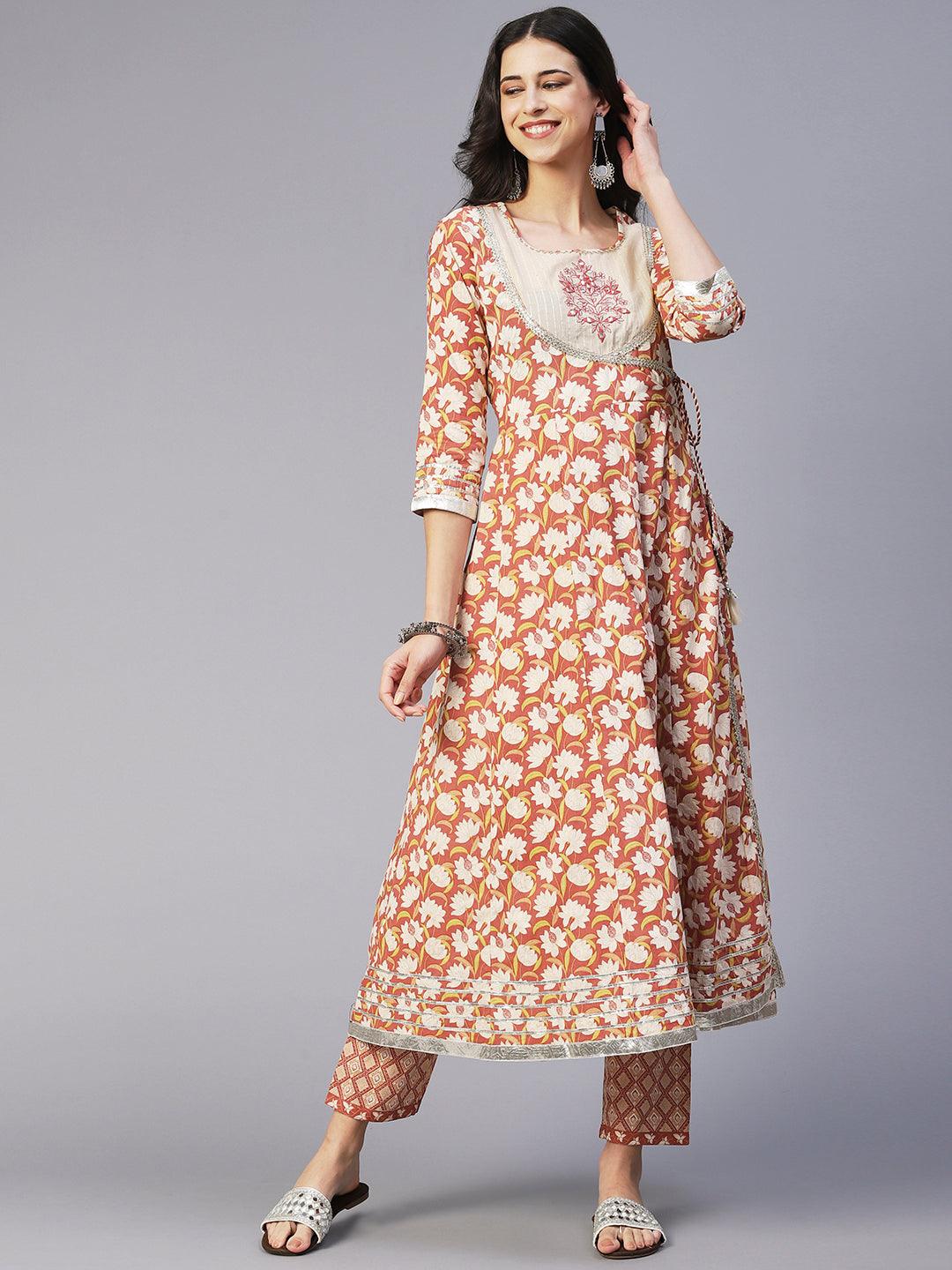 Floral Printed & Embroidered Anarkali with Pant & Dupatta - Brown - Indiakreations