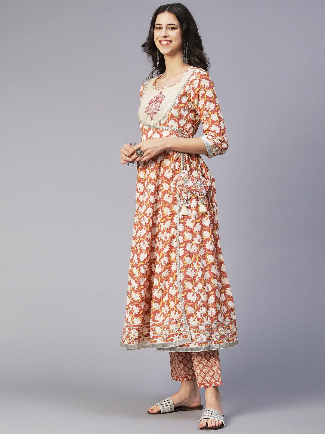 Floral Printed & Embroidered Anarkali with Pant & Dupatta - Brown - Indiakreations