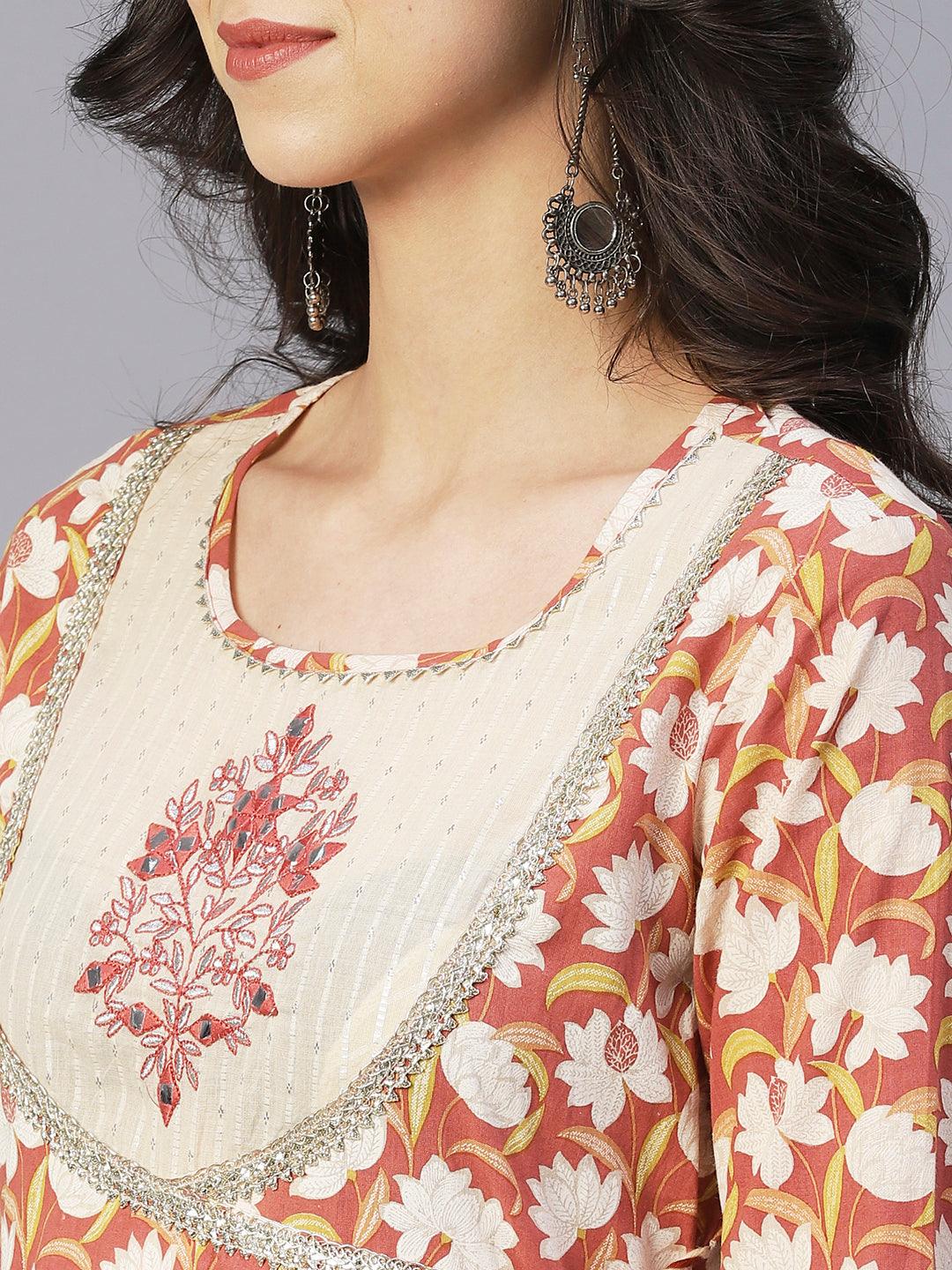 Floral Printed & Embroidered Anarkali with Pant & Dupatta - Brown - Indiakreations