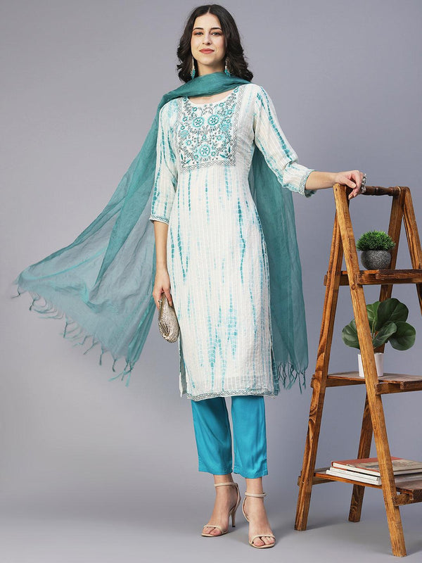 Tie-Dyed & Embroidered Straight Kurta with Pant & Dupatta - Off White - Indiakreations