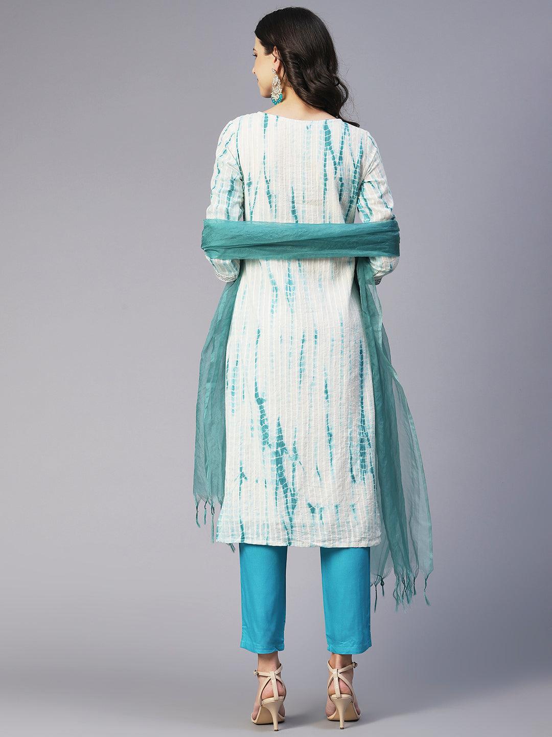 Tie-Dyed & Embroidered Straight Kurta with Pant & Dupatta - Off White - Indiakreations