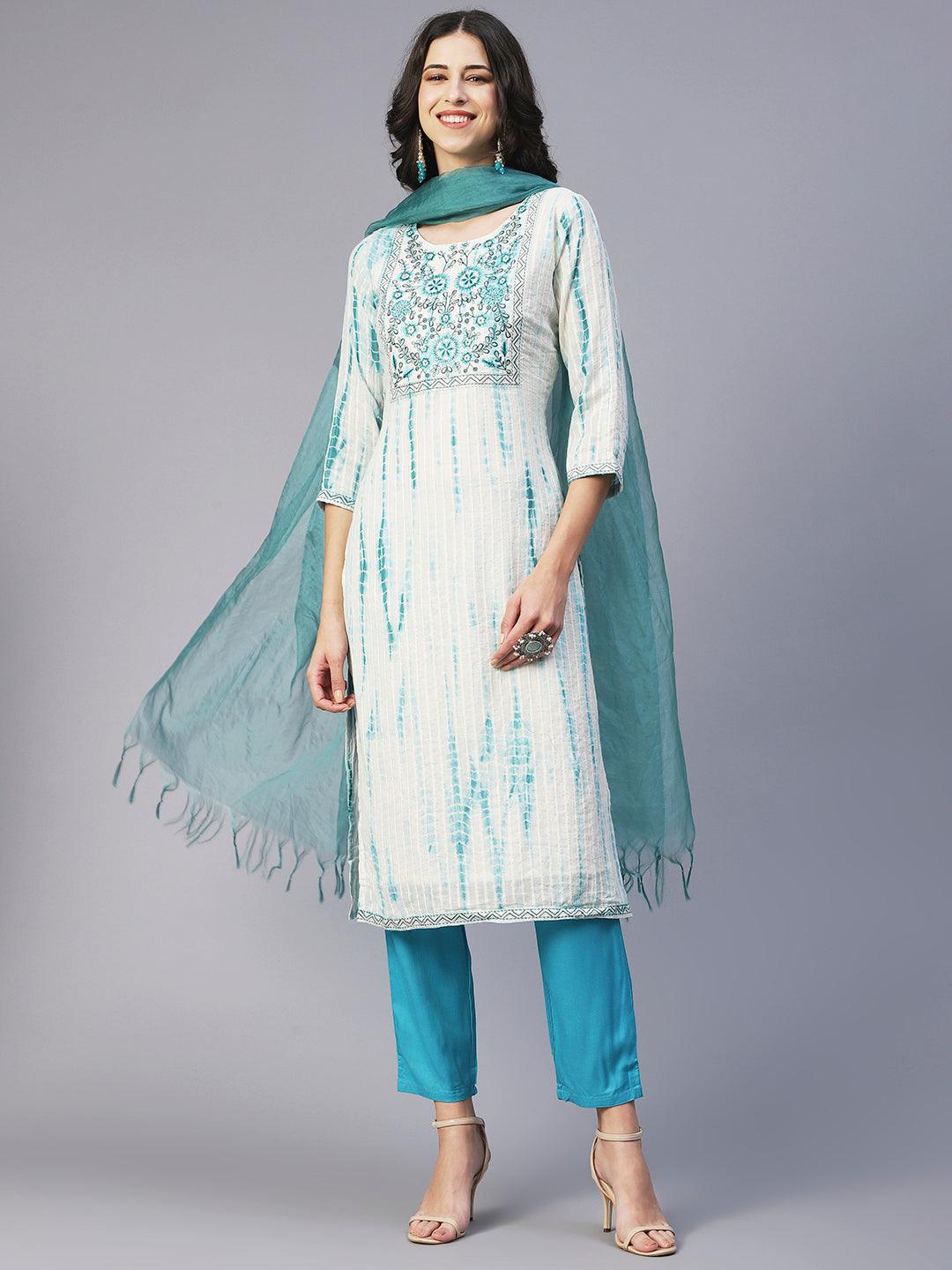 Tie-Dyed & Embroidered Straight Kurta with Pant & Dupatta - Off White - Indiakreations