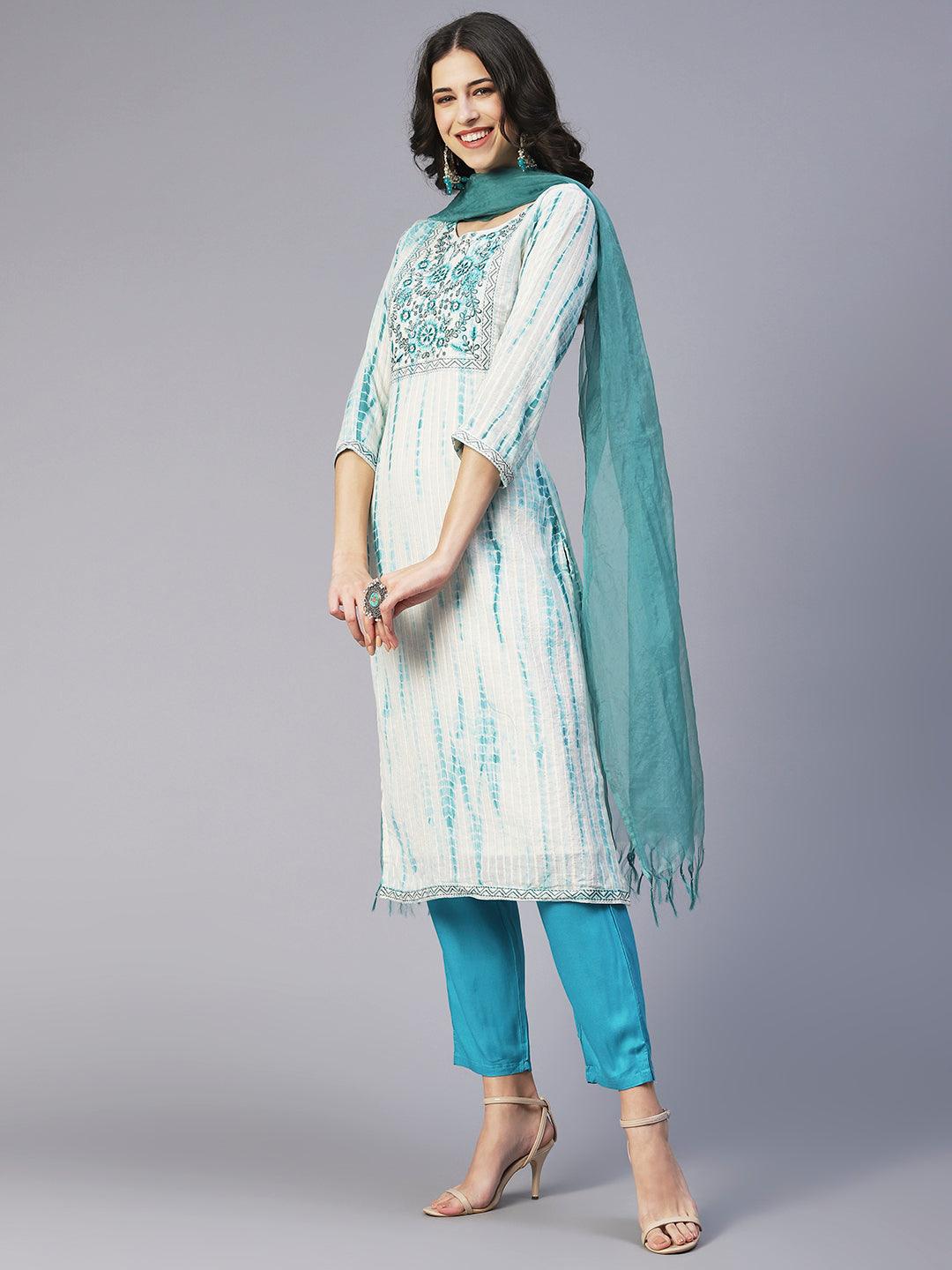 Tie-Dyed & Embroidered Straight Kurta with Pant & Dupatta - Off White - Indiakreations