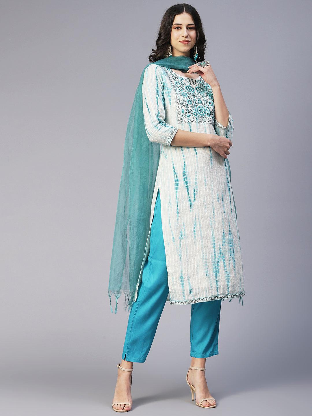 Tie-Dyed & Embroidered Straight Kurta with Pant & Dupatta - Off White - Indiakreations