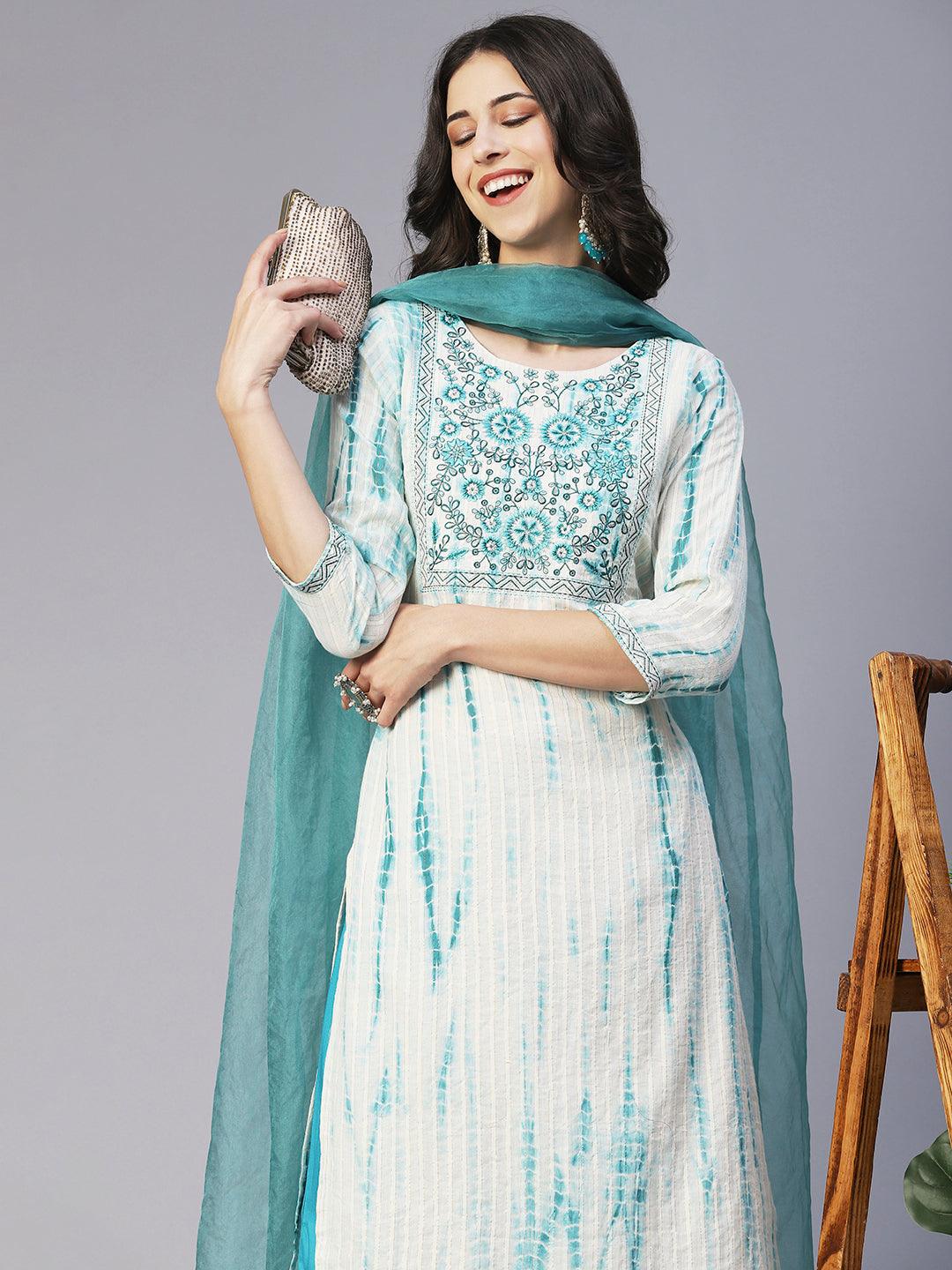 Tie-Dyed & Embroidered Straight Kurta with Pant & Dupatta - Off White - Indiakreations