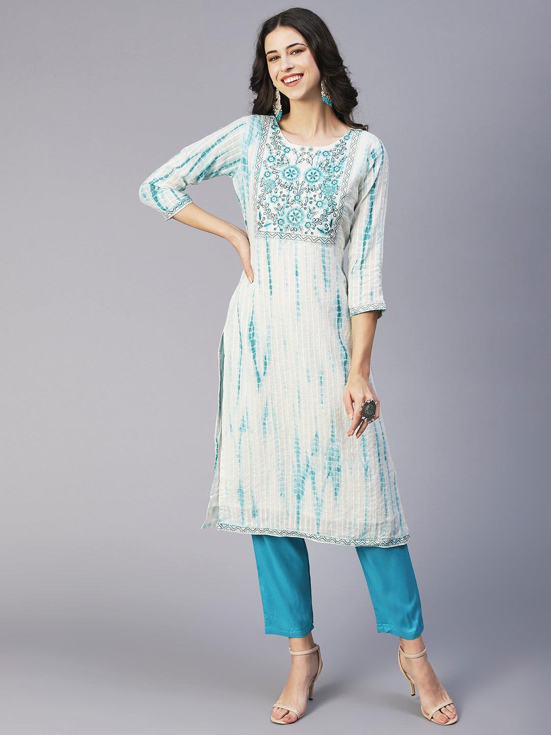 Tie-Dyed & Embroidered Straight Kurta with Pant & Dupatta - Off White - Indiakreations