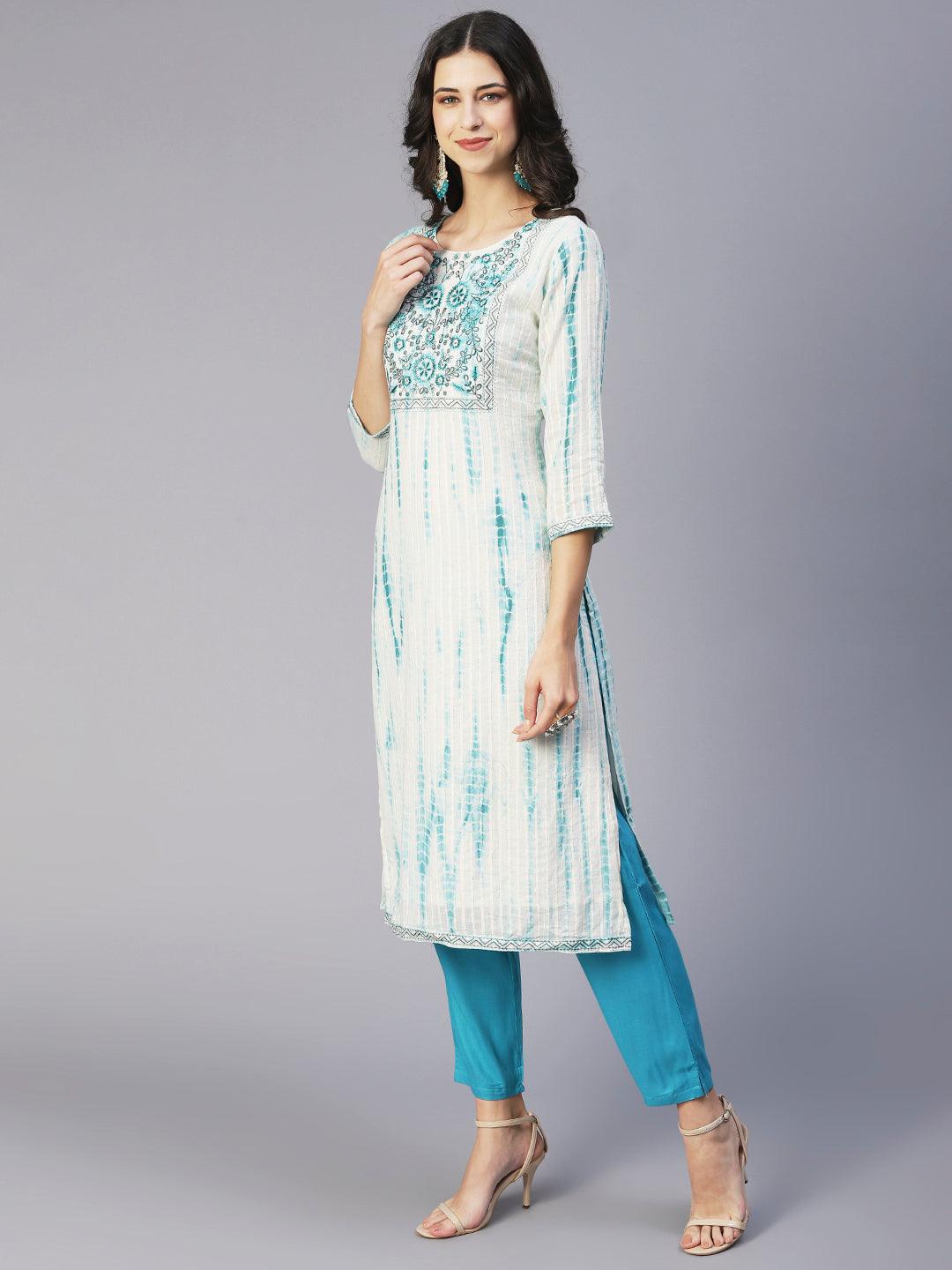 Tie-Dyed & Embroidered Straight Kurta with Pant & Dupatta - Off White - Indiakreations