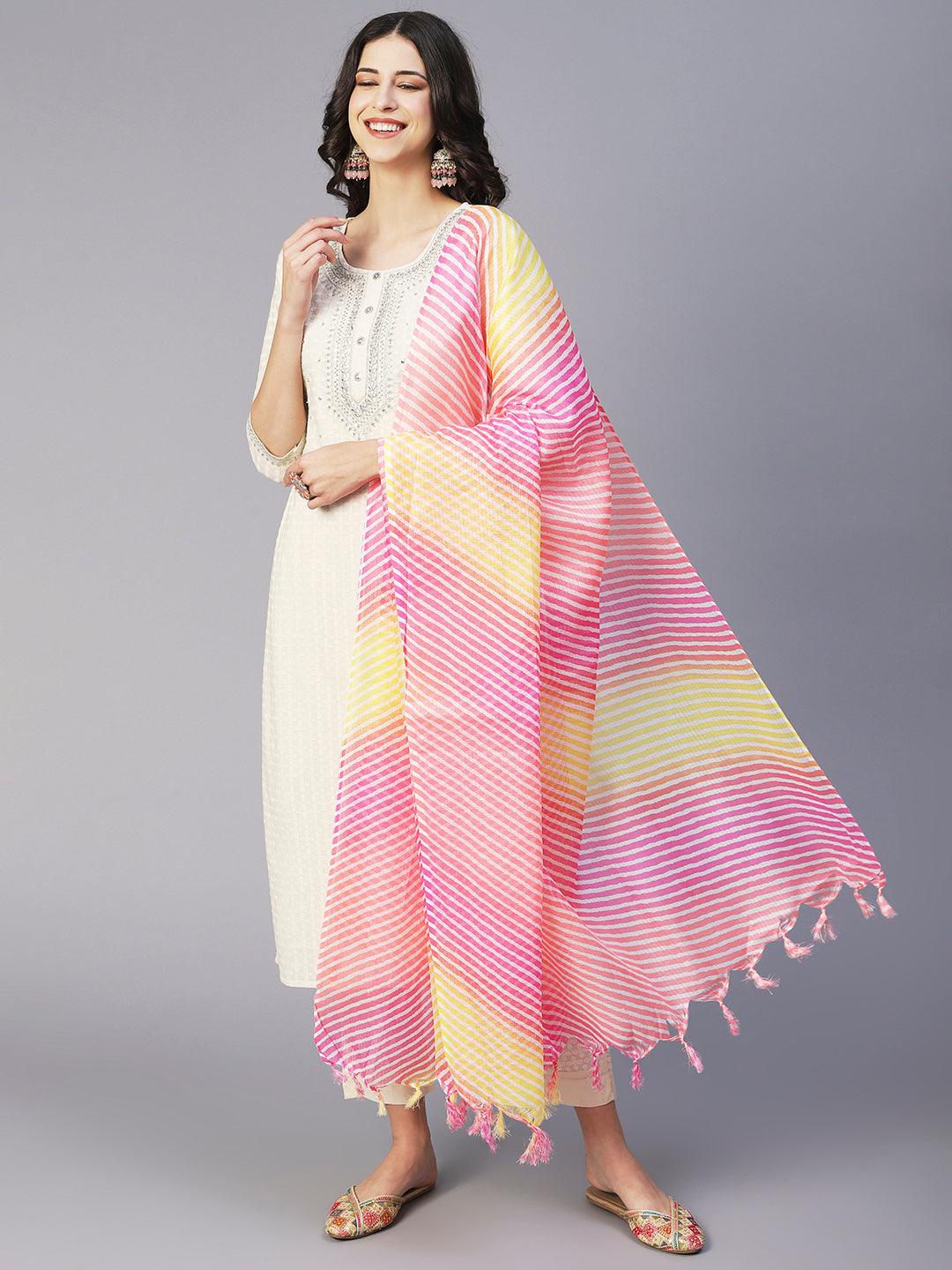 Ethnic Embroidered Straight Fit Kurta with Pant & Dupatta - Off White - Indiakreations