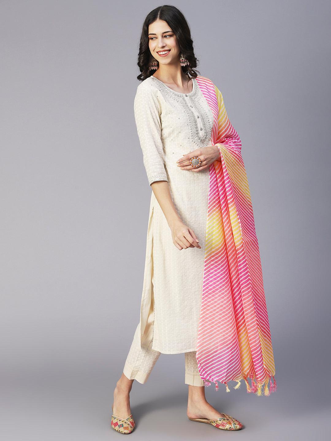 Ethnic Embroidered Straight Fit Kurta with Pant & Dupatta - Off White - Indiakreations