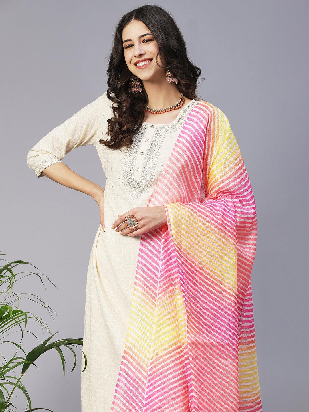 Ethnic Embroidered Straight Fit Kurta with Pant & Dupatta - Off White - Indiakreations