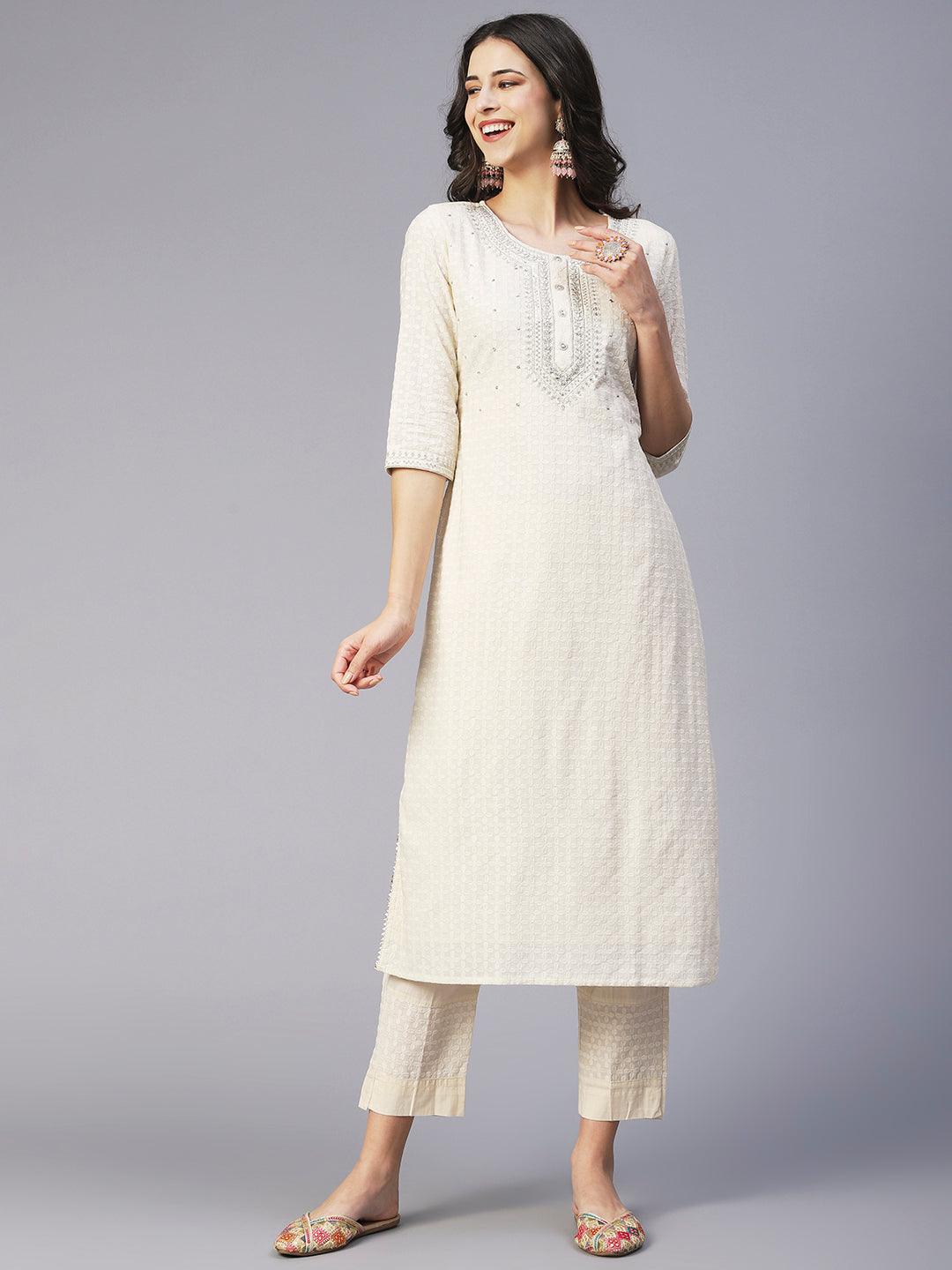 Ethnic Embroidered Straight Fit Kurta with Pant & Dupatta - Off White - Indiakreations