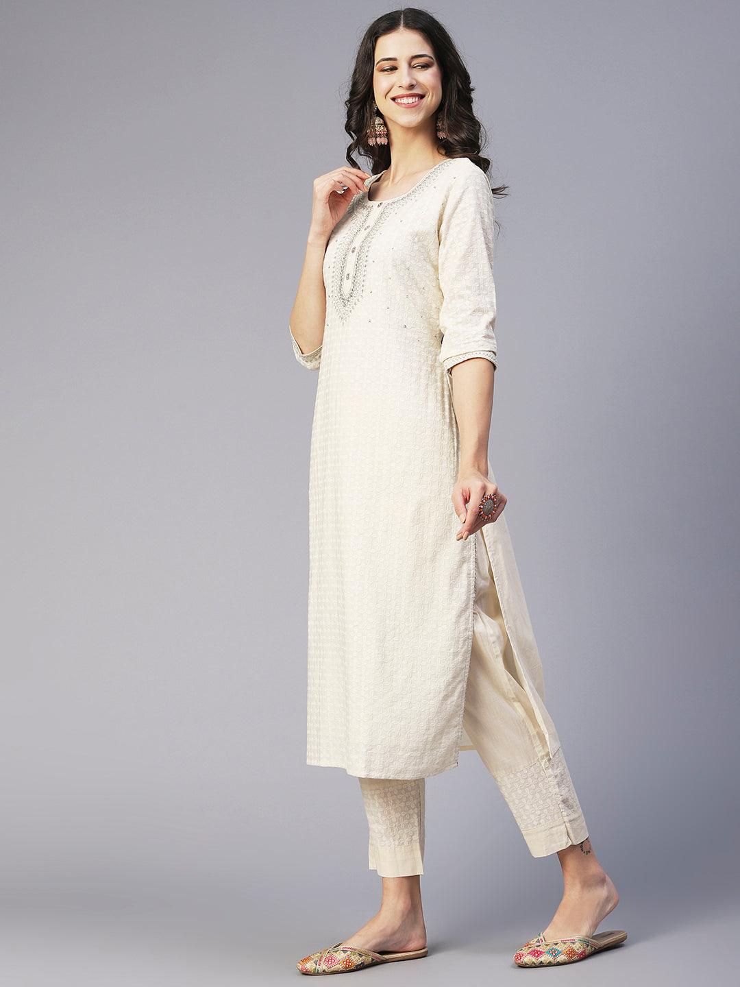 Ethnic Embroidered Straight Fit Kurta with Pant & Dupatta - Off White - Indiakreations